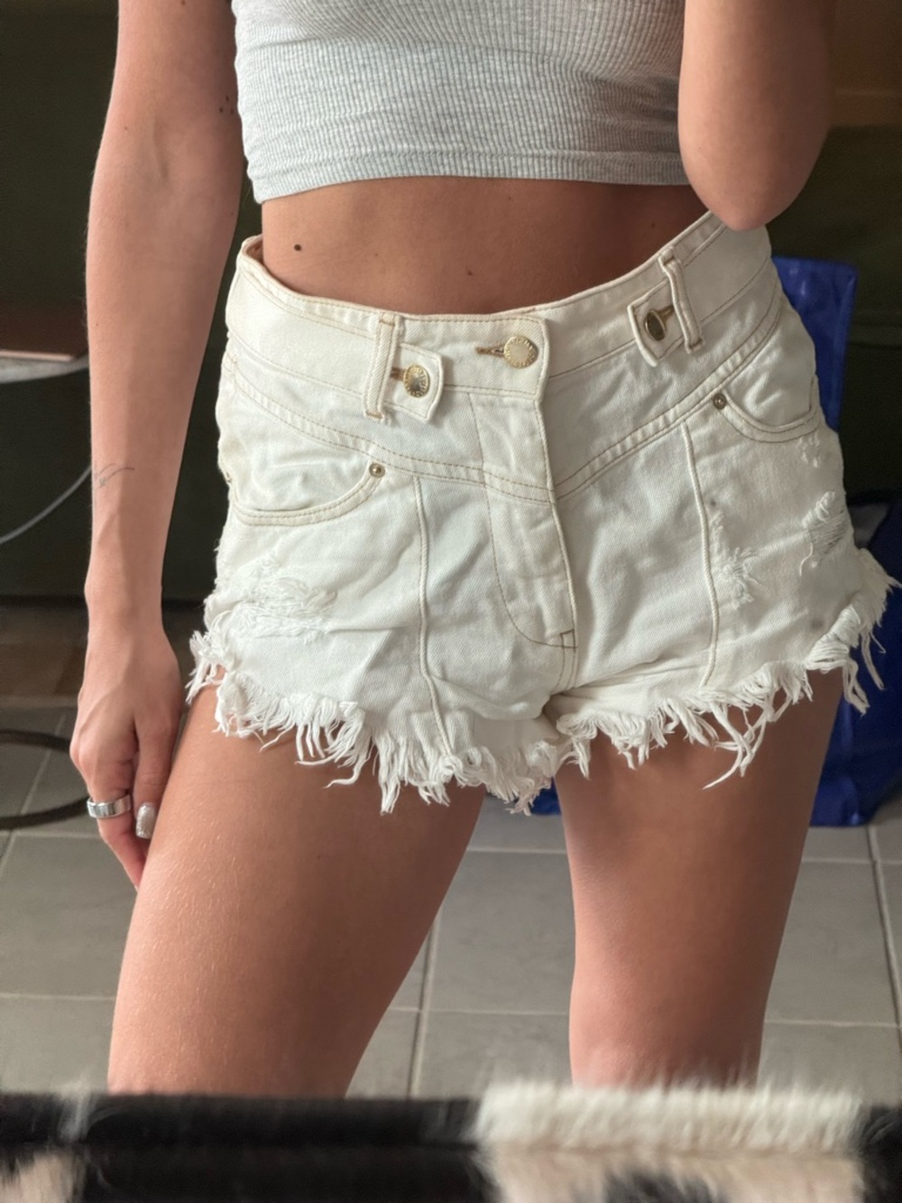 Retrofete White Distressed High-Rise Denim Shorts